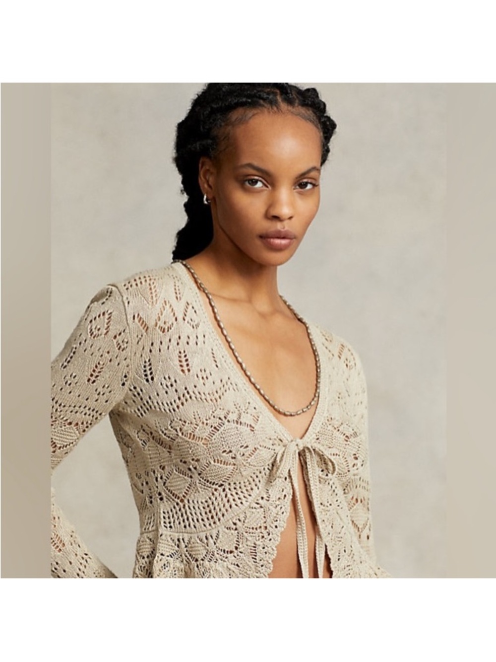 Ralph Lauren Tie-Front Crochet Cardigan Sweater Top - Beige - Picture 4 of 5